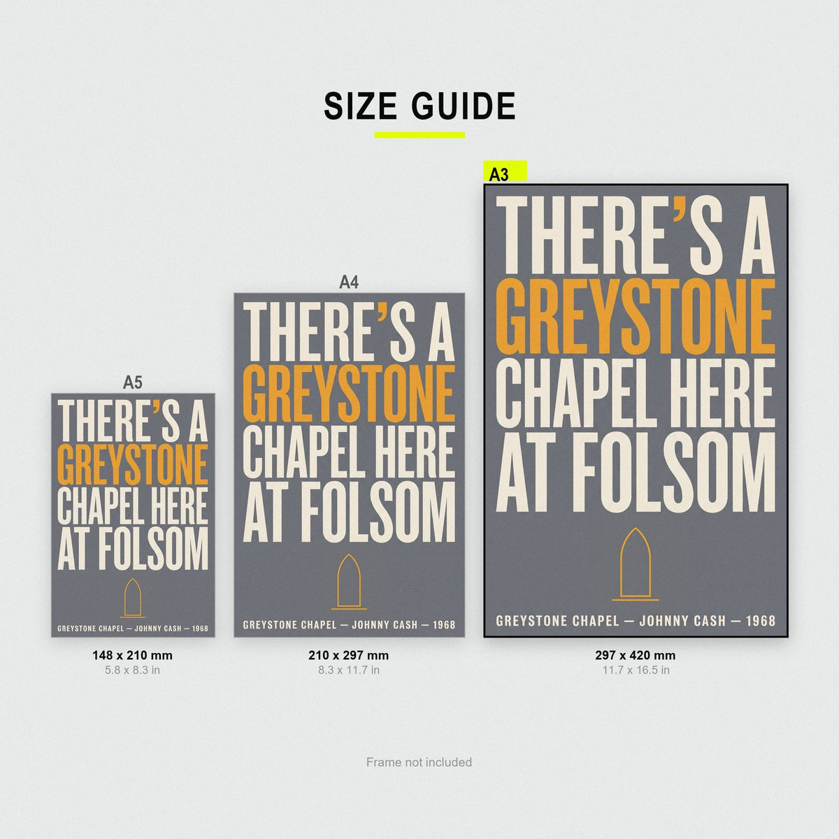 Greystone Chapel Print size guide showing A3, A4 and A5