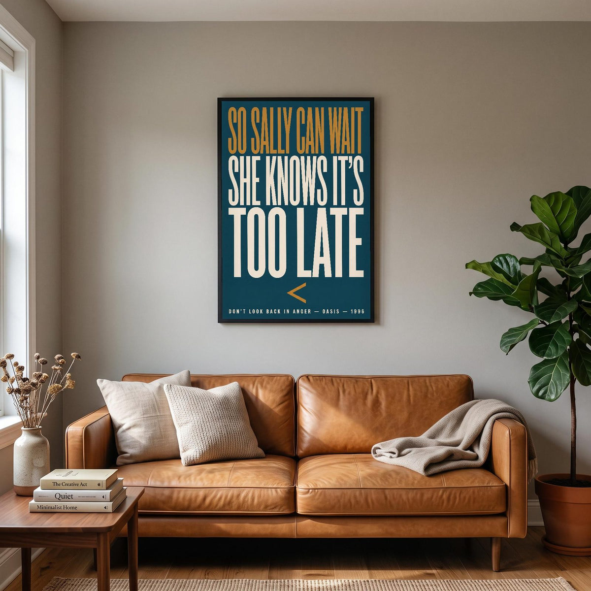 Dont Look Back in Anger Print hanging on a living room wall
