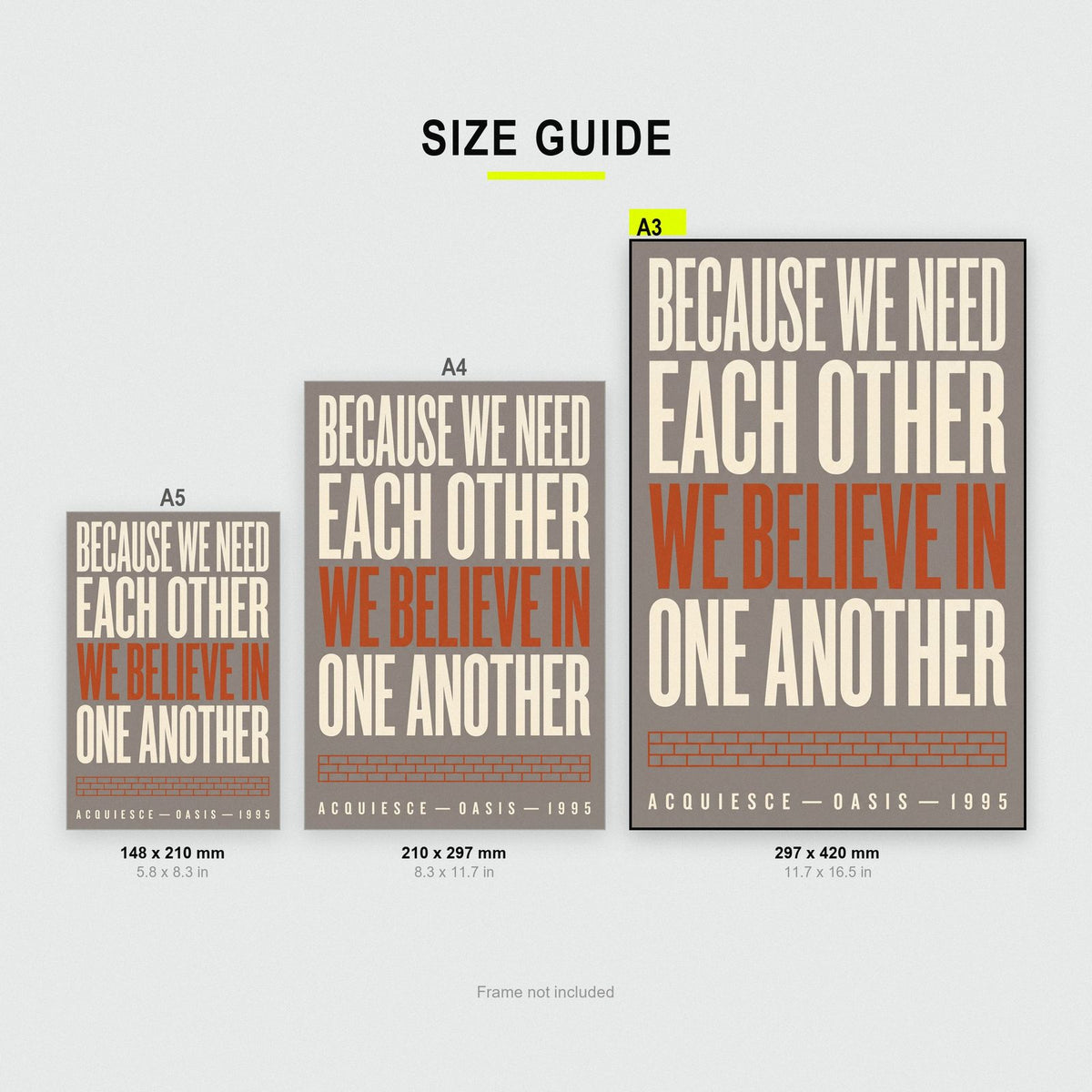Acquiesce Lyrics Print size guide showing A3, A4 and A5