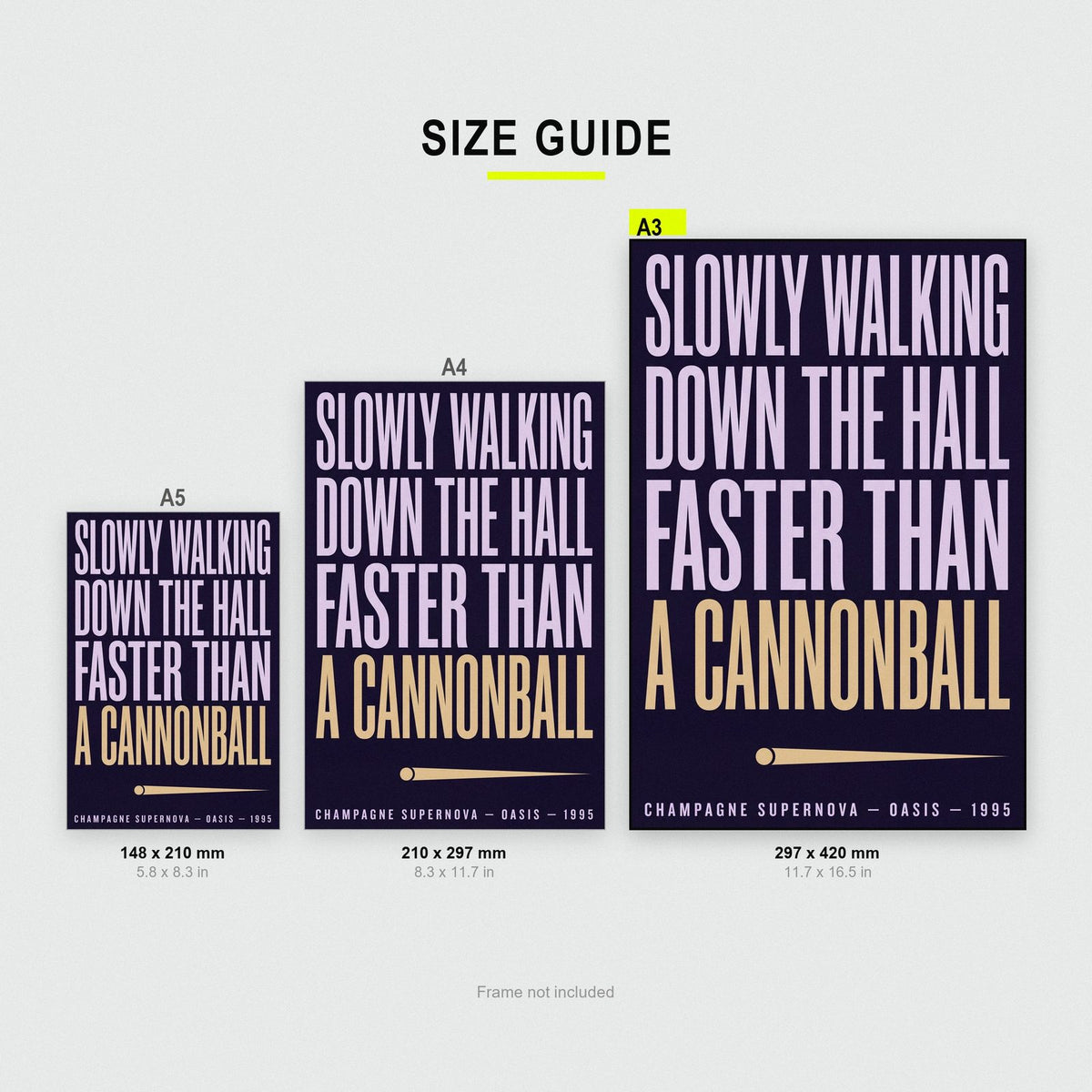 Champagne Supernova Print size guide showing A3, A4 and A5
