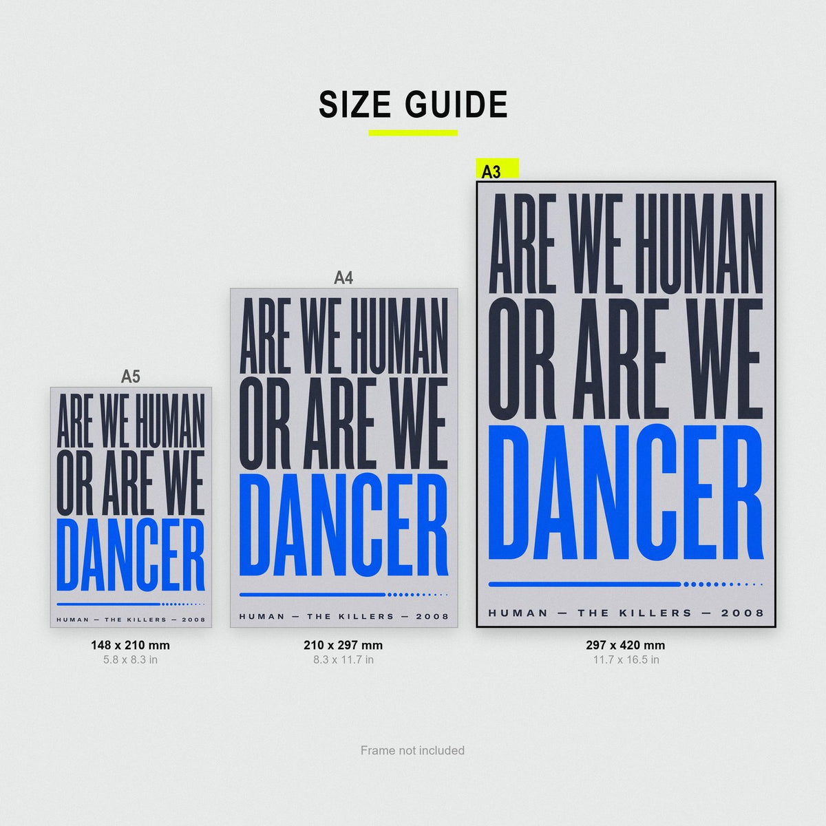 Human Lyrics Print size guide showing A3, A4 and A5