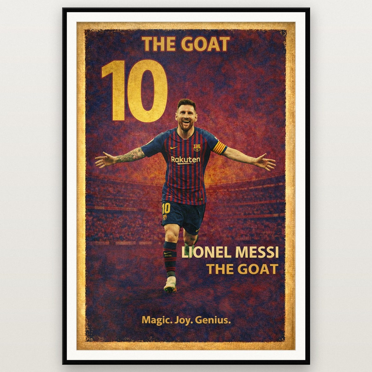 Lionel Messi Football Legends Poster shown in a black frame