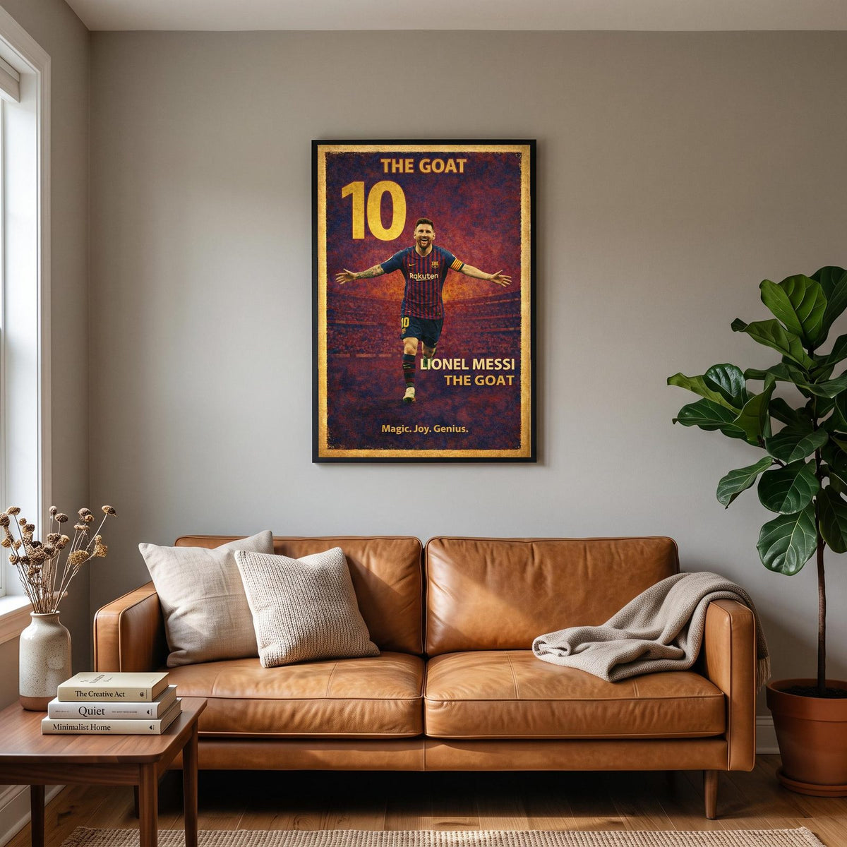 Lionel Messi Football Legends Poster hanging on a living room wall