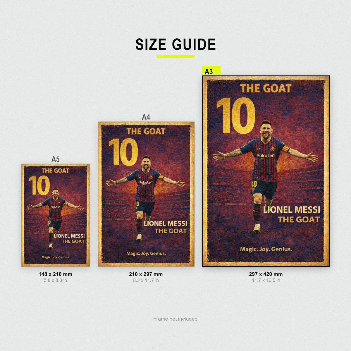 Lionel Messi Football Legends Poster size guide showing A3, A4 and A5