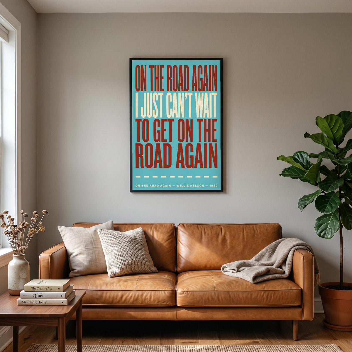 On the Road Again Print hanging on a living room wall