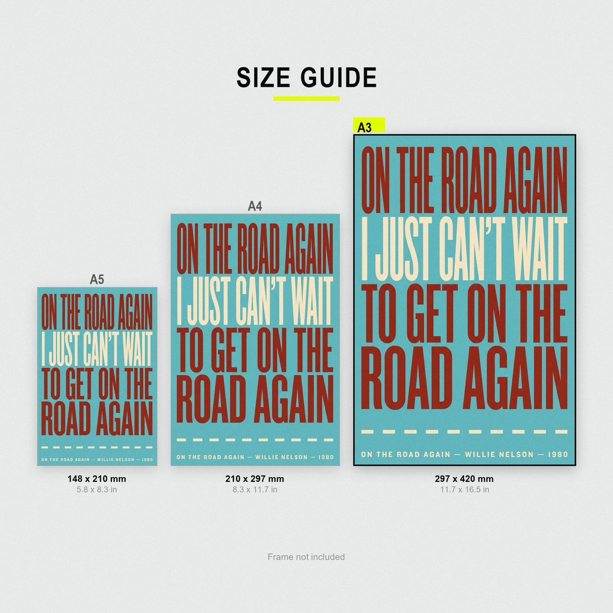 On the Road Again Print size guide showing A3, A4 and A5