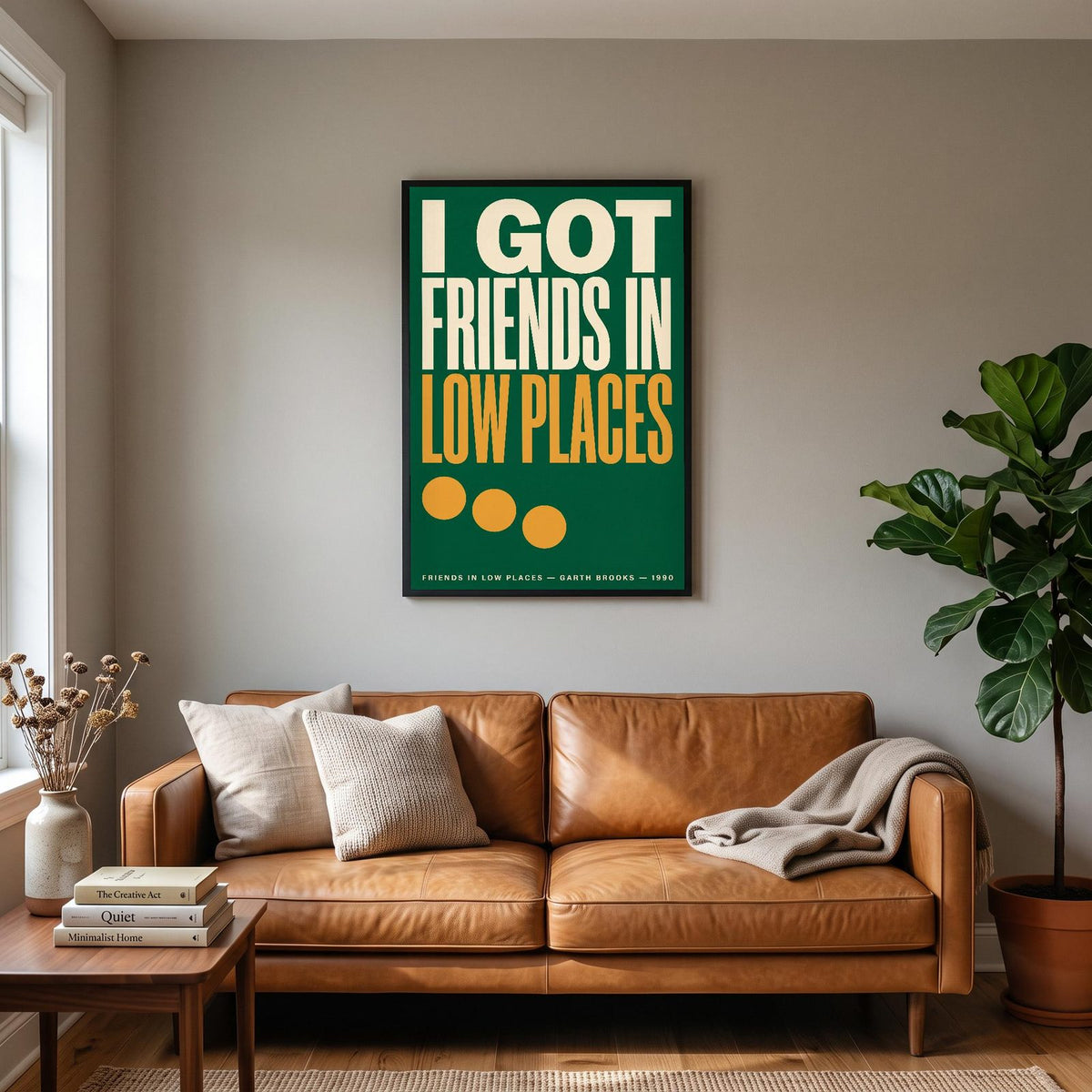 Friends in Low Places Print hanging on a living room wall