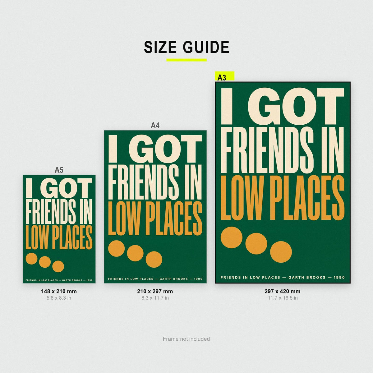 Friends in Low Places Print size guide showing A3, A4 and A5