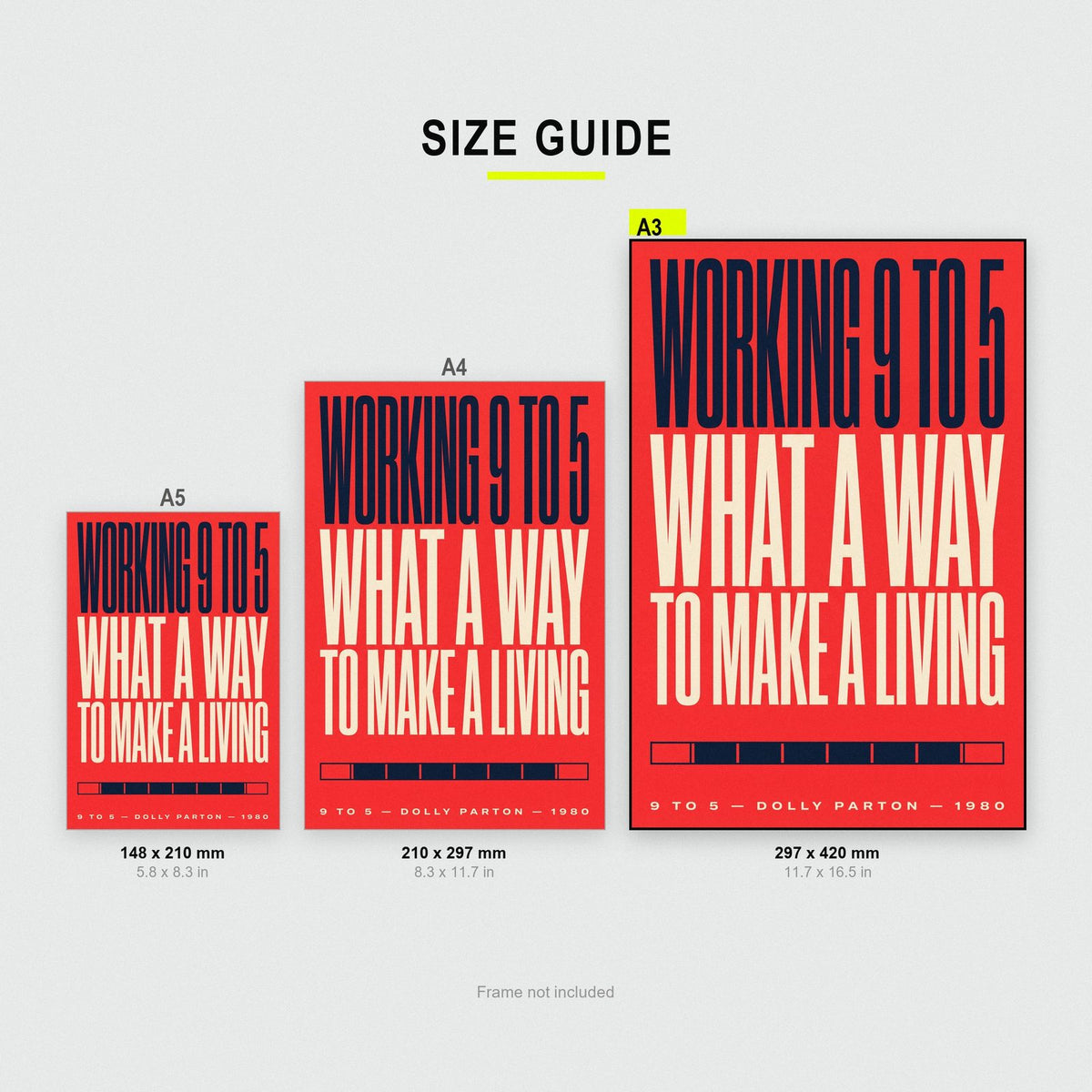 9 to 5 Lyrics Print size guide showing A3, A4 and A5