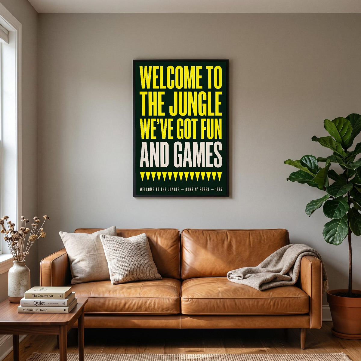 Welcome to the Jungle Print hanging on a living room wall
