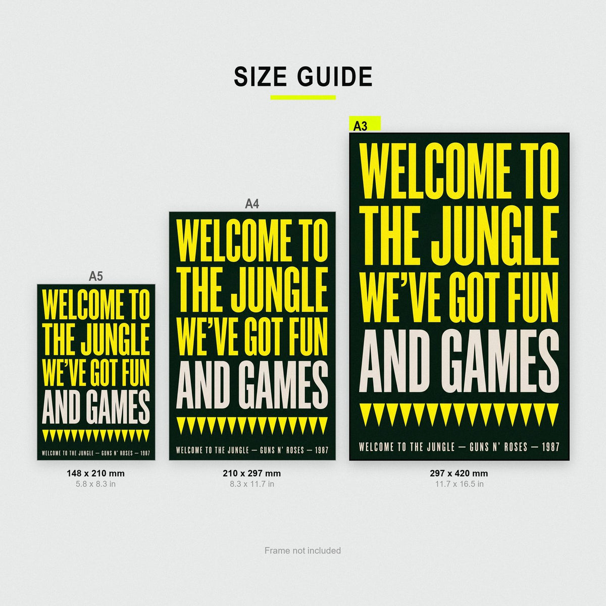 Welcome to the Jungle Print size guide showing A3, A4 and A5