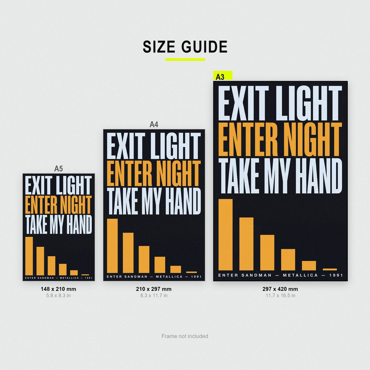 Enter Sandman Print size guide showing A3, A4 and A5