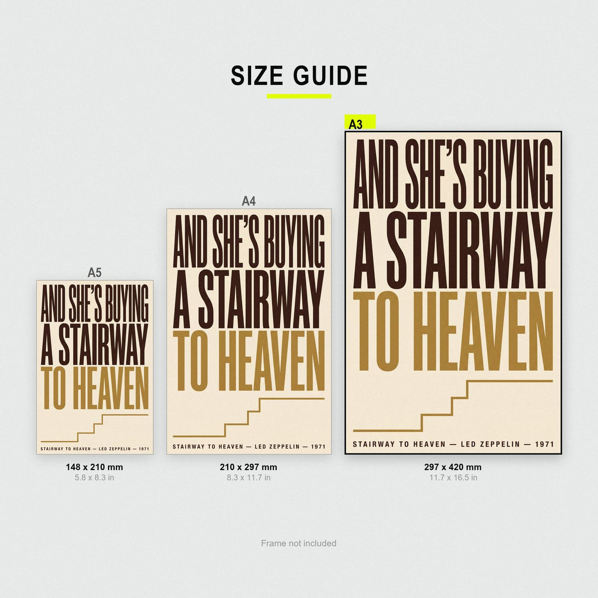 Stairway to Heaven Print size guide showing A3, A4 and A5