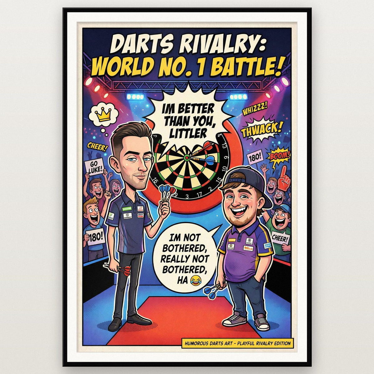 Luke Humphries vs Luke Littler Darts Rivalry Comic Poster shown in a black frame