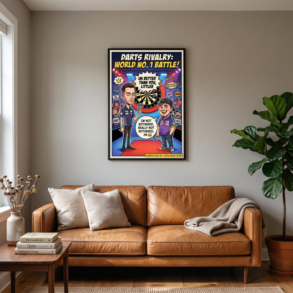 Luke Humphries vs Luke Littler Darts Rivalry Comic Poster hanging on a living room wall