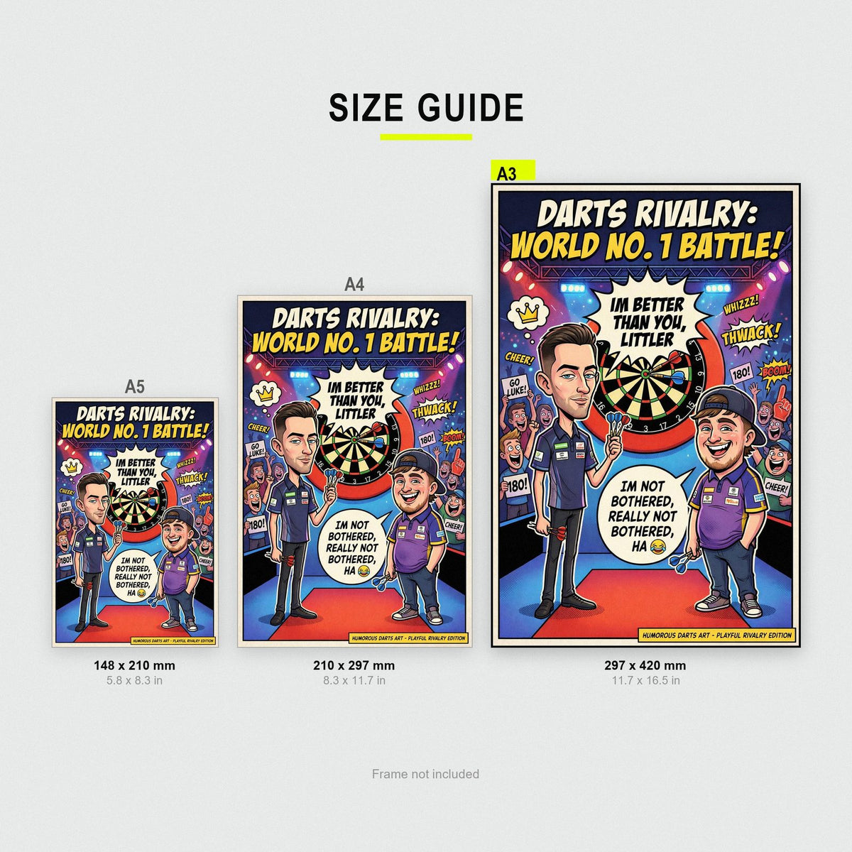 Luke Humphries vs Luke Littler Darts Rivalry Comic Poster size guide showing A3, A4 and A5