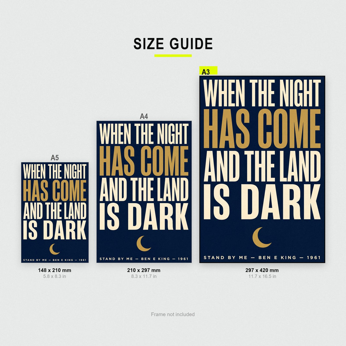 Stand By Me Lyrics Print size guide showing A3, A4 and A5