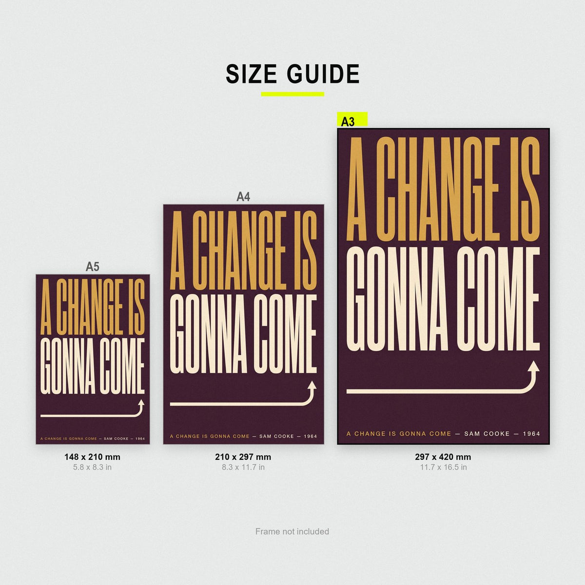 A Change Is Gonna Come Print size guide showing A3, A4 and A5