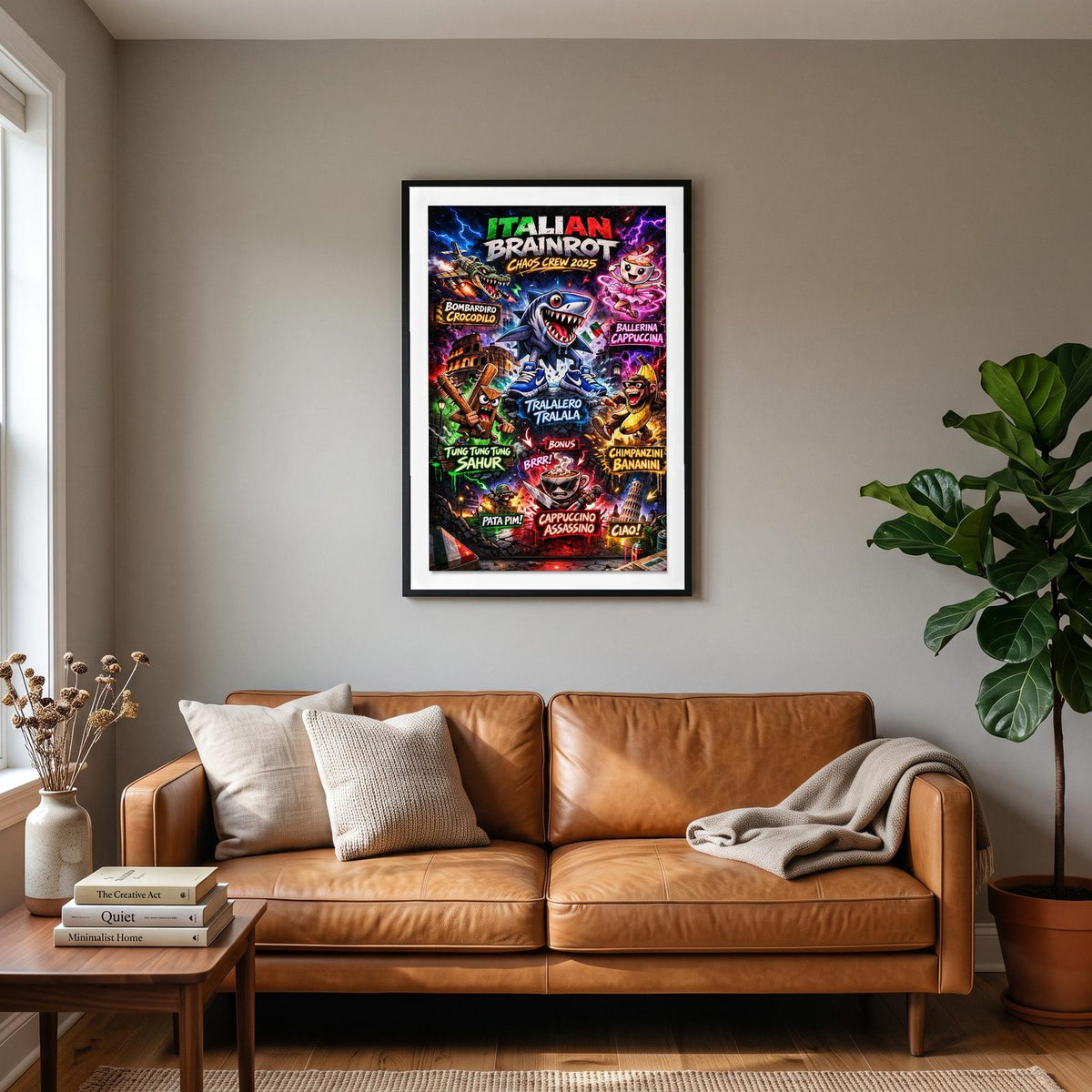 Italian Brainrot Chaos Crew 2025 Poster hanging on a living room wall