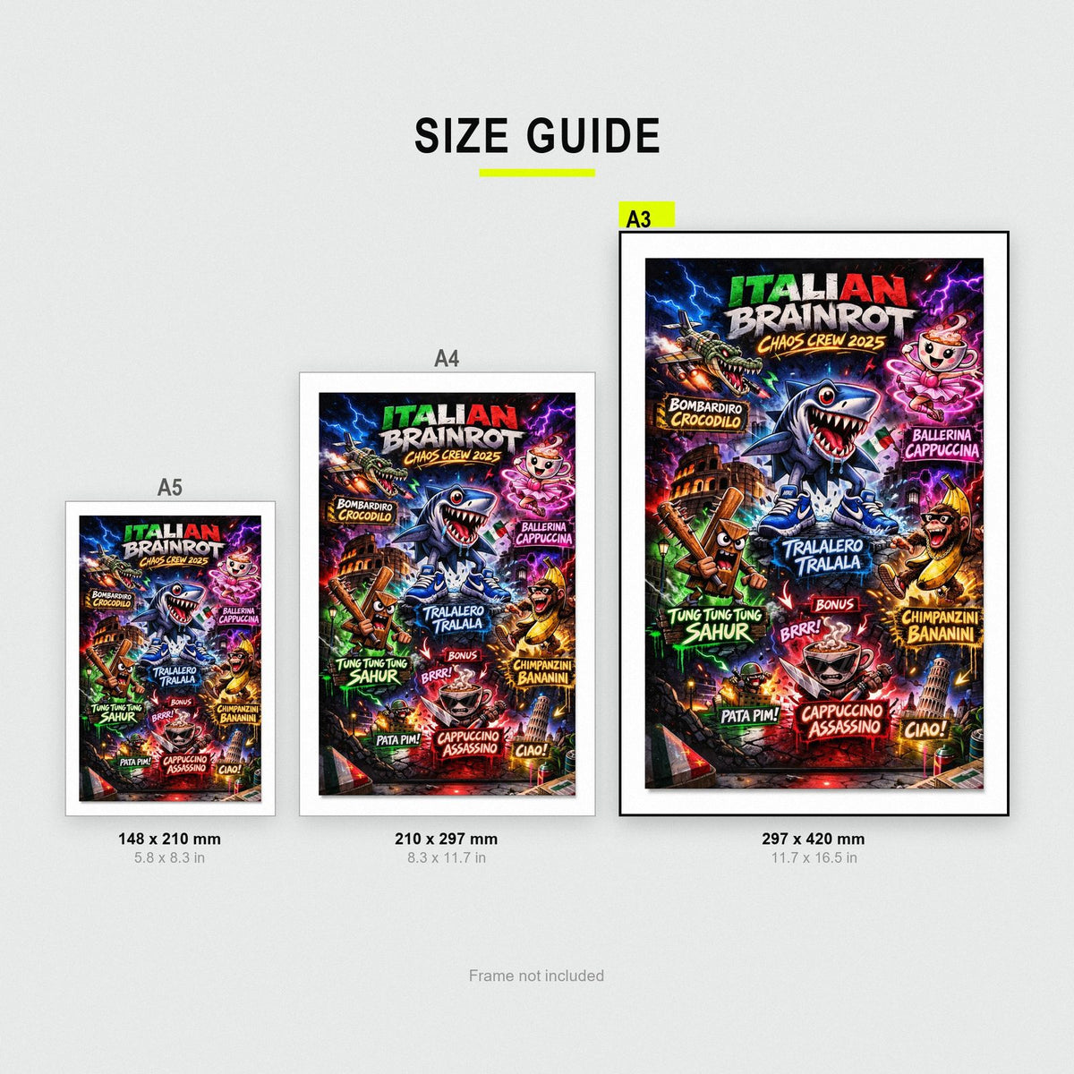 Italian Brainrot Chaos Crew 2025 Poster size guide showing A3, A4 and A5