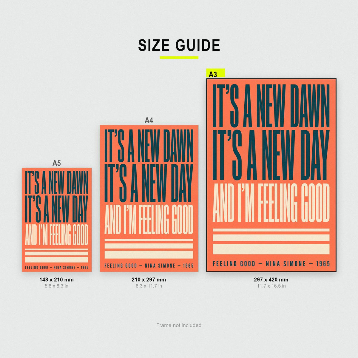 Feeling Good Lyrics Print size guide showing A3, A4 and A5