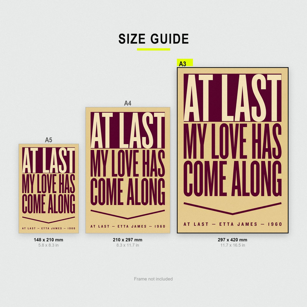 At Last Lyrics Print size guide showing A3, A4 and A5