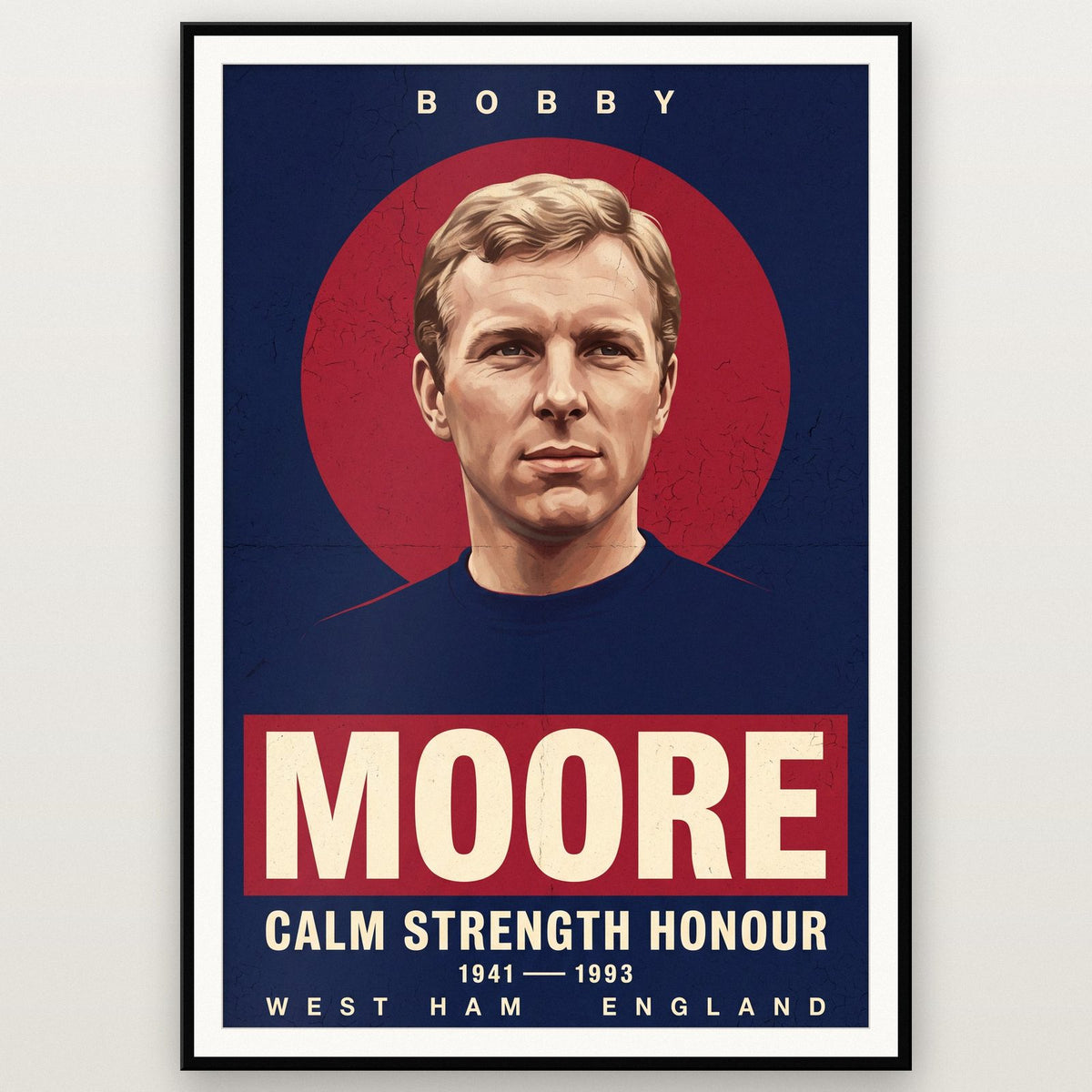 Bobby Moore Print shown in a black frame