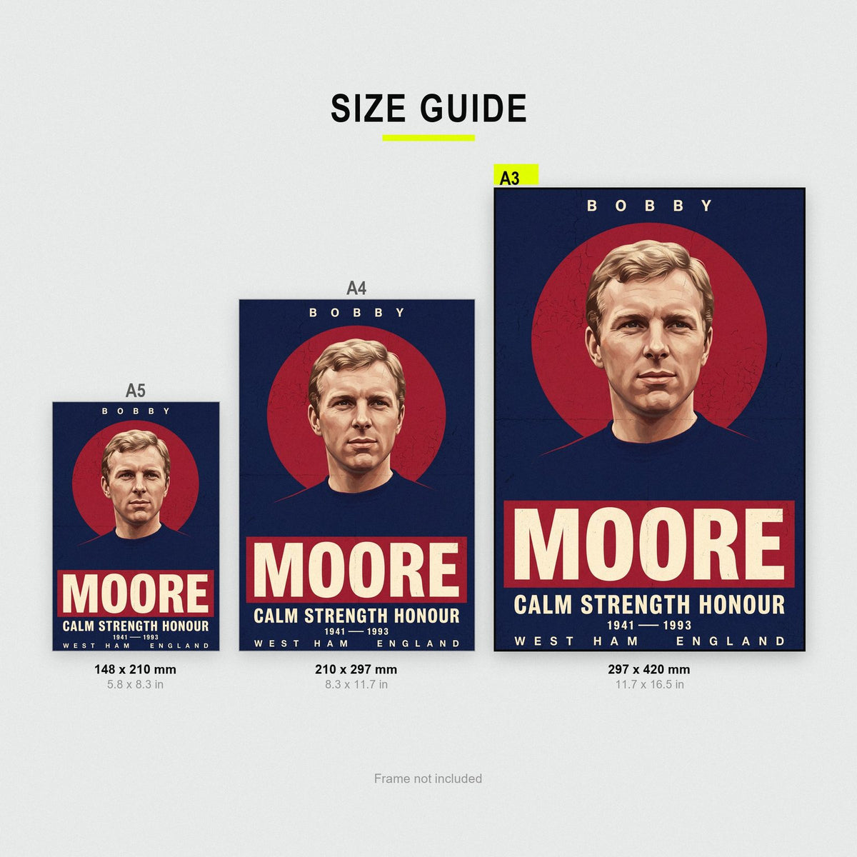 Bobby Moore Print size guide showing A3, A4 and A5