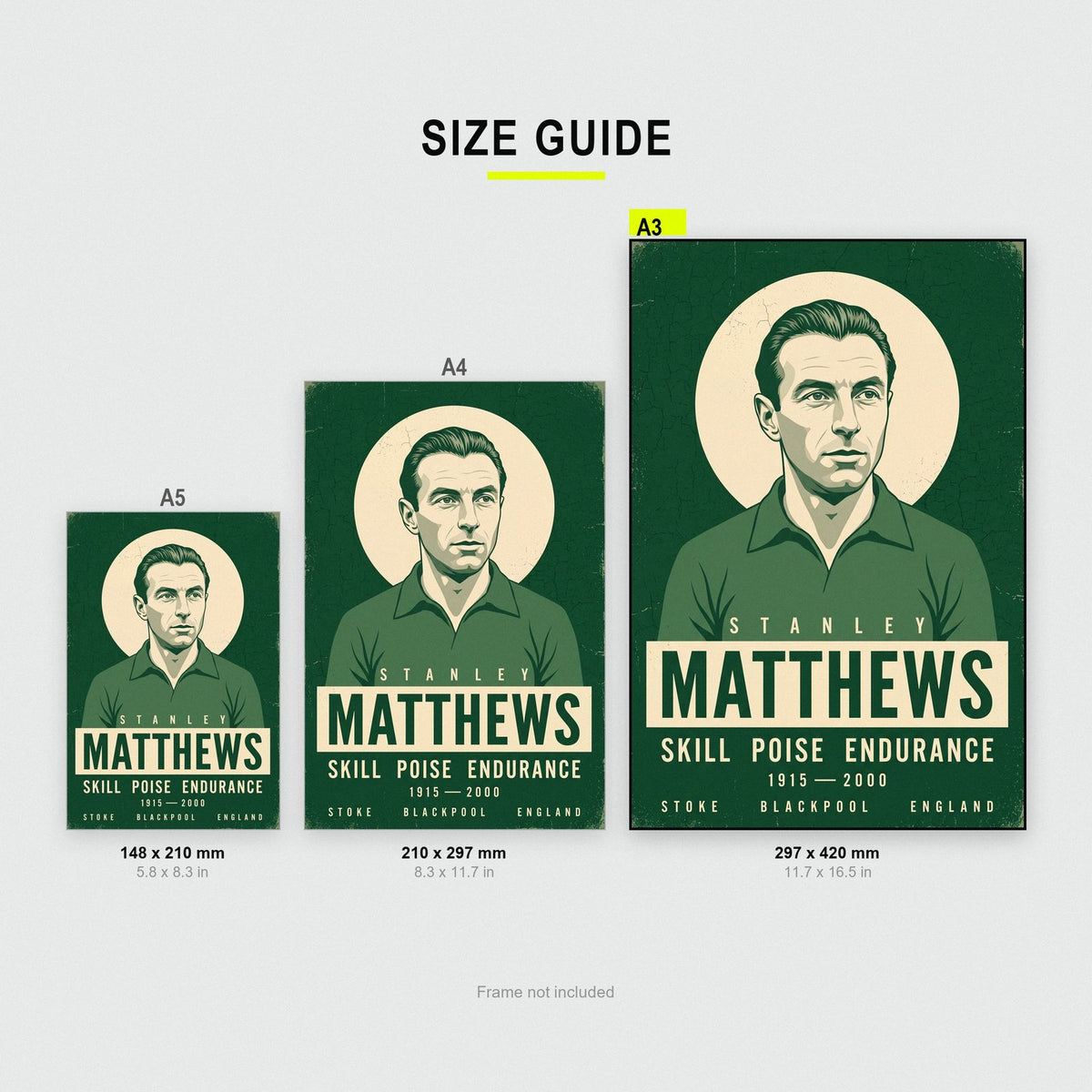 Stanley Matthews Print size guide showing A3, A4 and A5