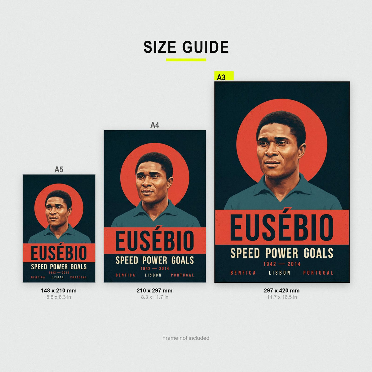 Eusebio Print size guide showing A3, A4 and A5