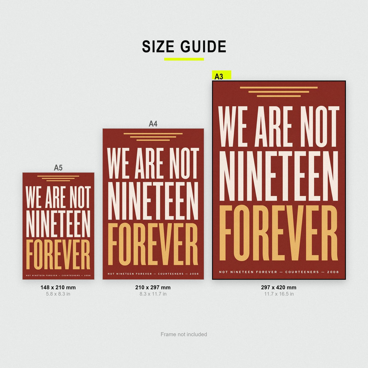 Not Nineteen Forever Lyrics Print size guide showing A3, A4 and A5