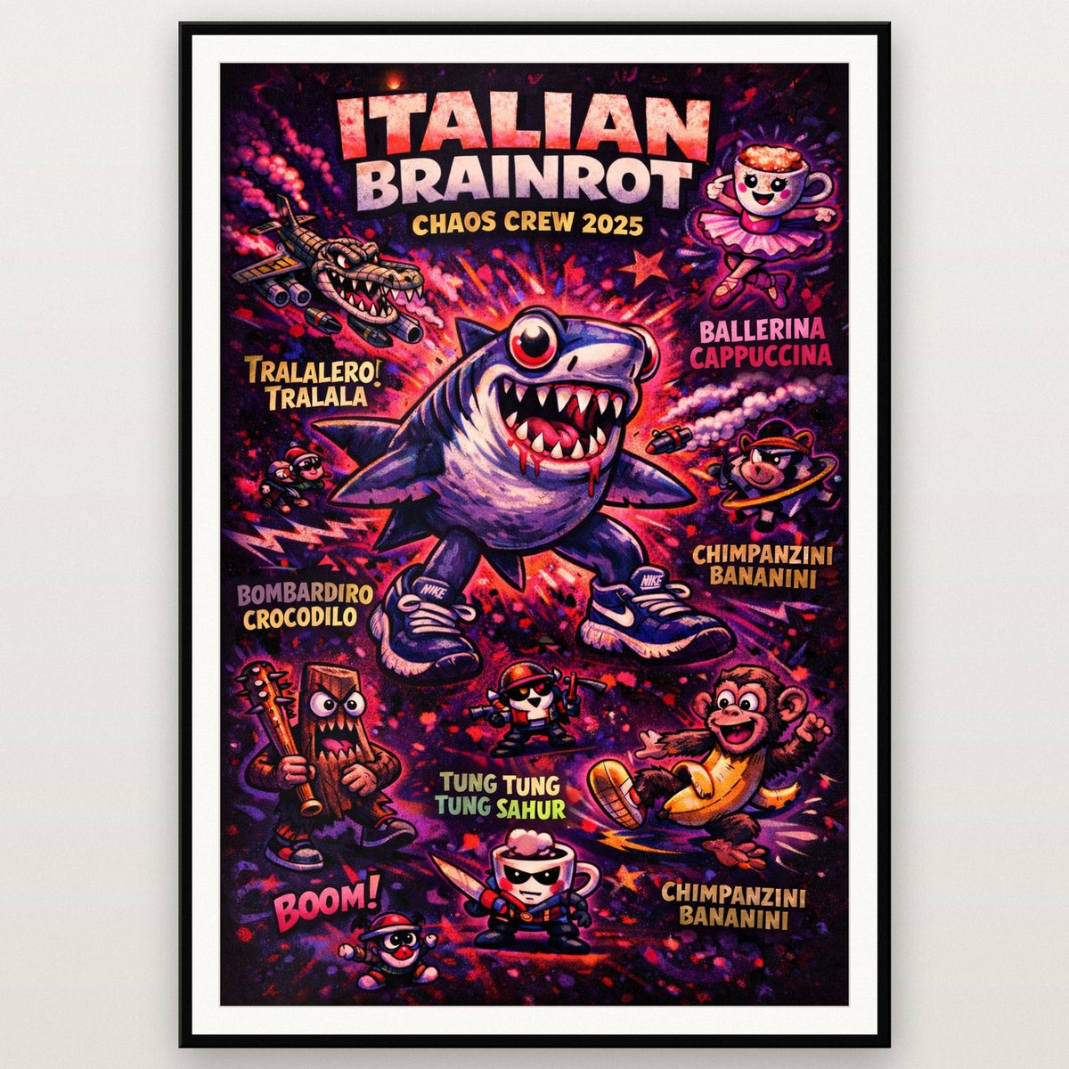 Funny Brain Rot Characters Poster shown in a black frame