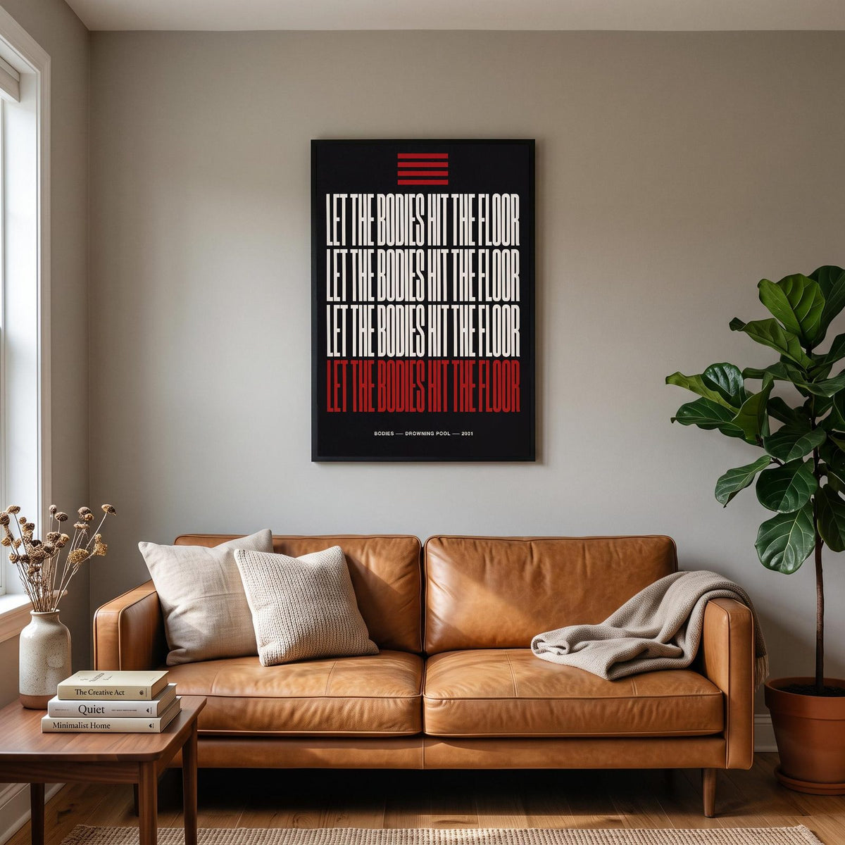 Bodies Lyrics Print hanging on a living room wall