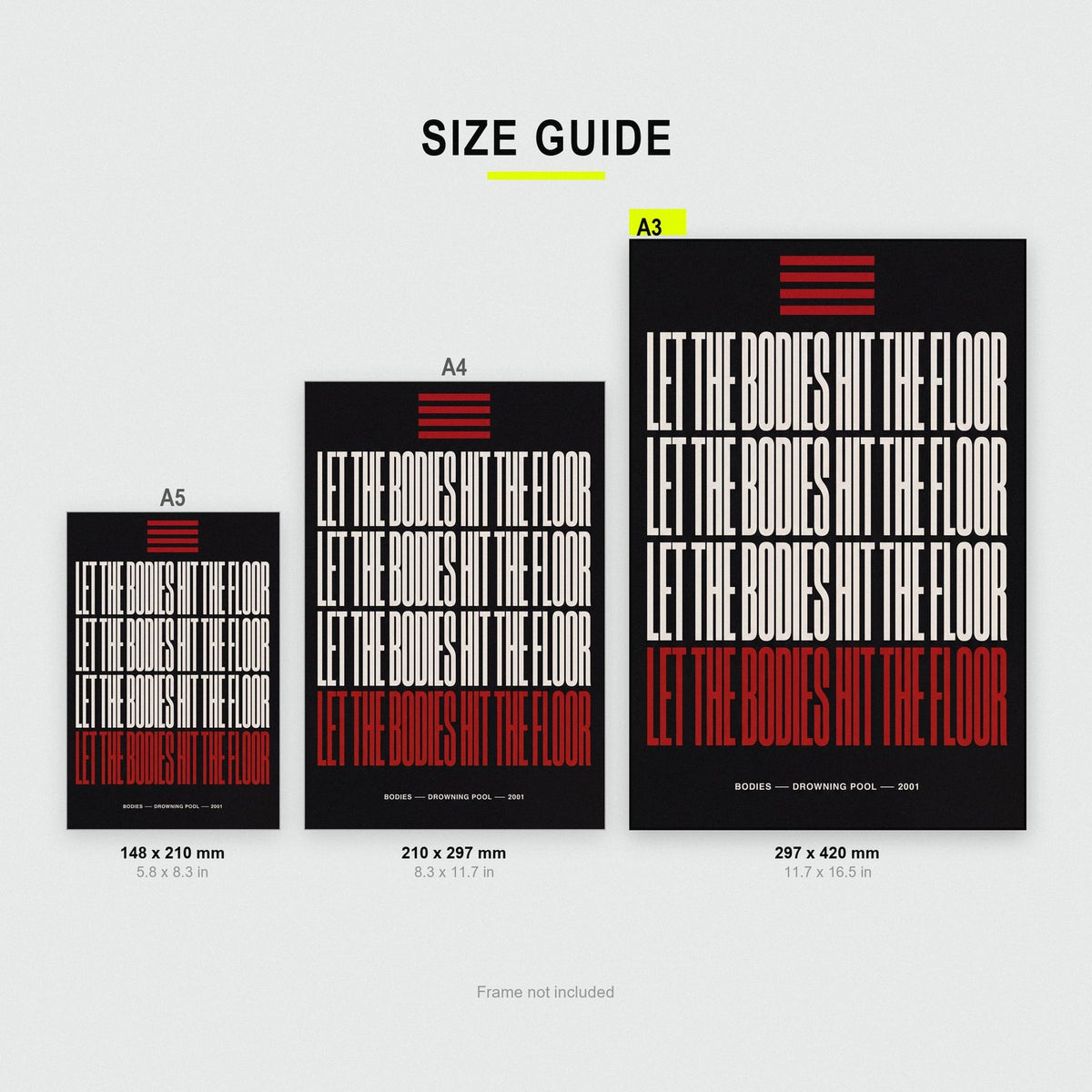Bodies Lyrics Print size guide showing A3, A4 and A5