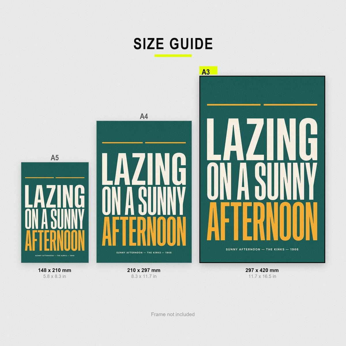 Sunny Afternoon Lyrics Print size guide showing A3, A4 and A5