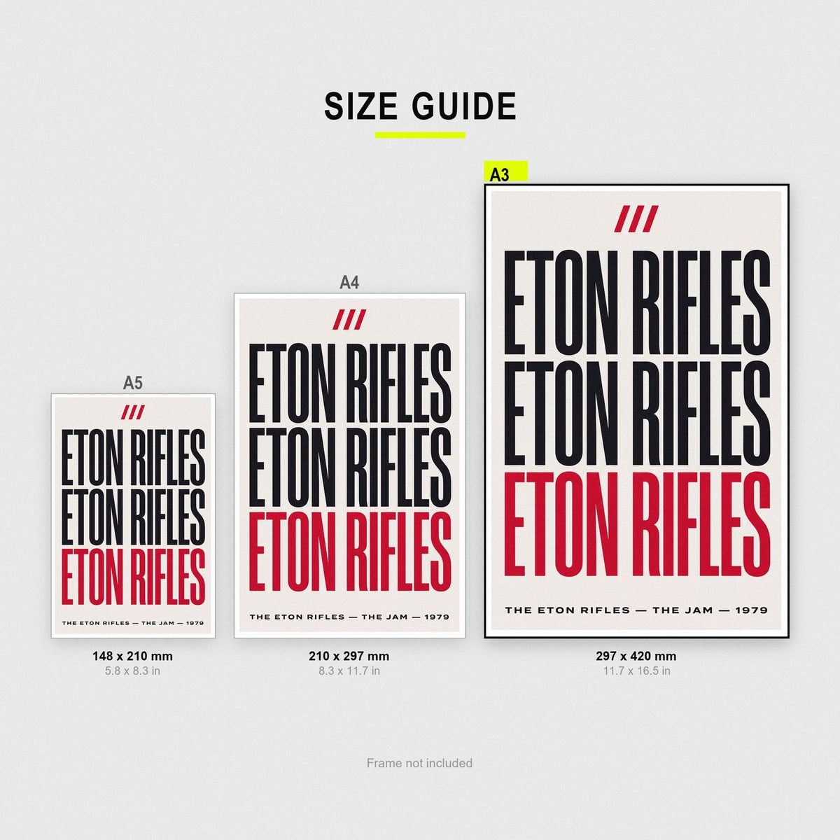 The Eton Rifles Lyrics Print size guide showing A3, A4 and A5
