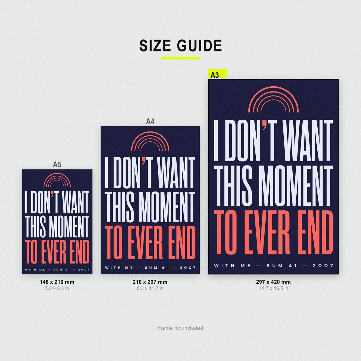 With Me Lyrics Print size guide showing A3, A4 and A5