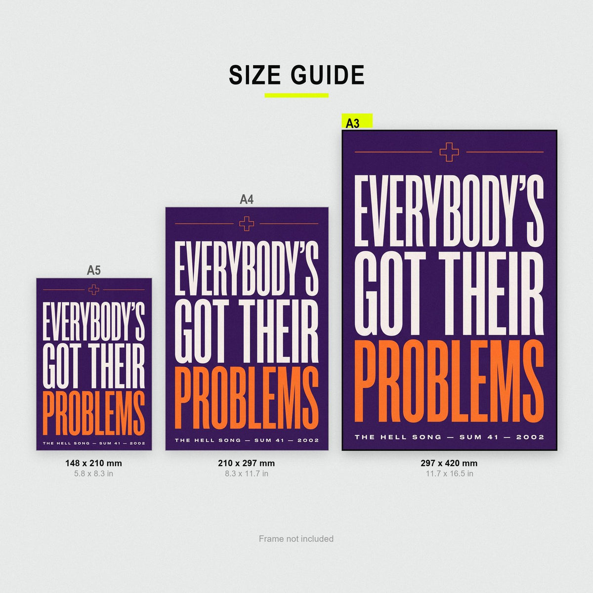 The Hell Song Lyrics Print size guide showing A3, A4 and A5