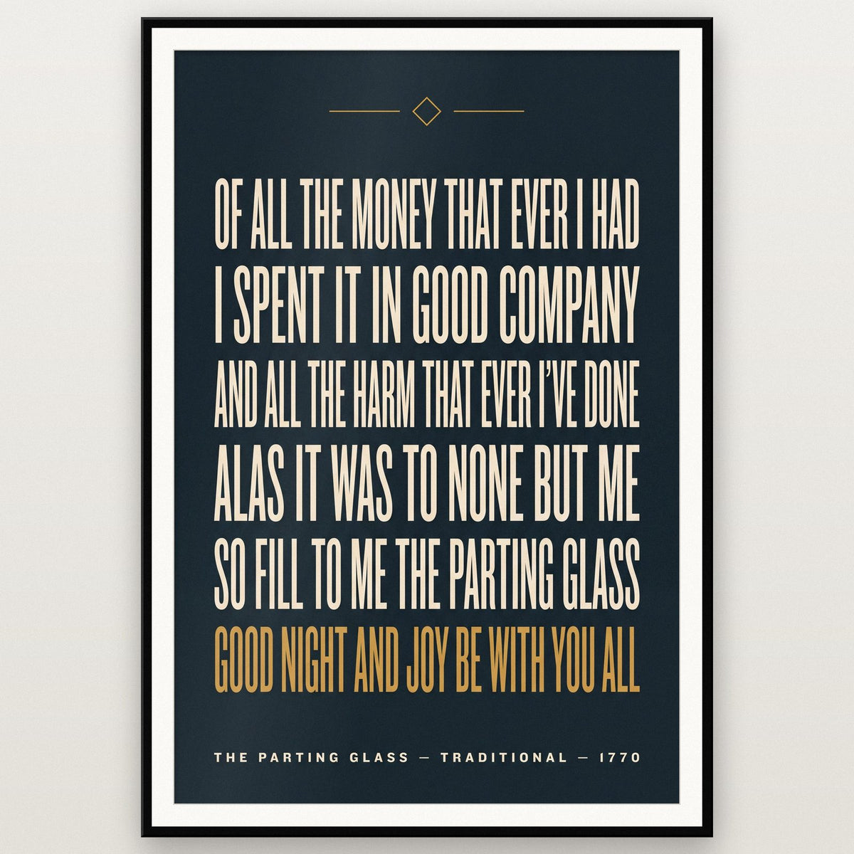 The Parting Glass Lyrics Print shown in a black frame