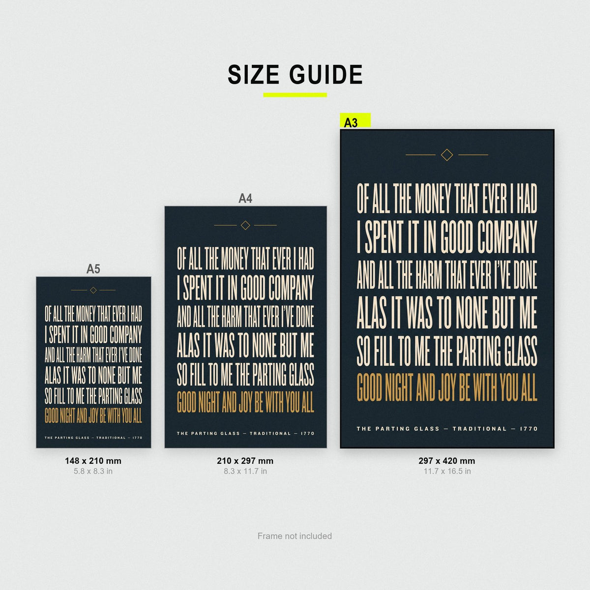 The Parting Glass Lyrics Print size guide showing A3, A4 and A5