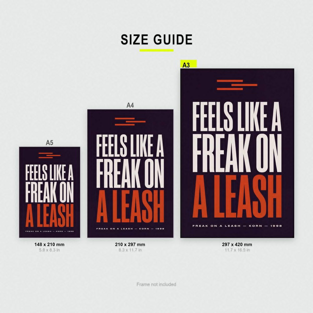 Freak On A Leash Lyrics Print size guide showing A3, A4 and A5