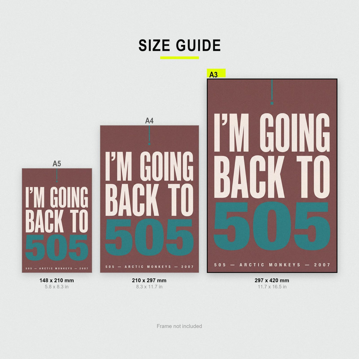 505 Lyrics Print size guide showing A3, A4 and A5