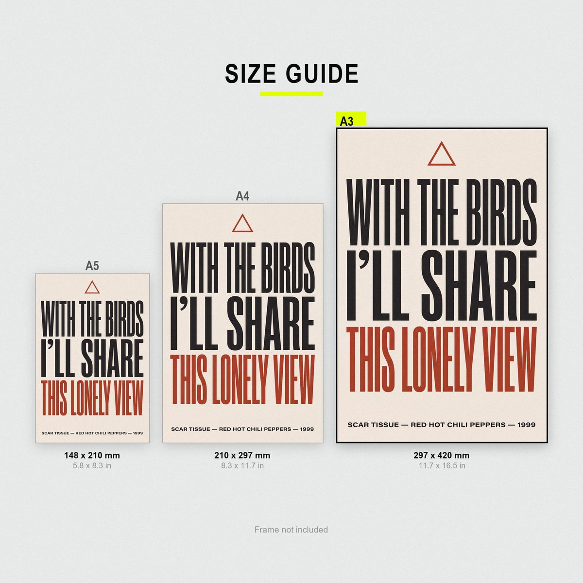 Scar Tissue Lyrics Print size guide showing A3, A4 and A5