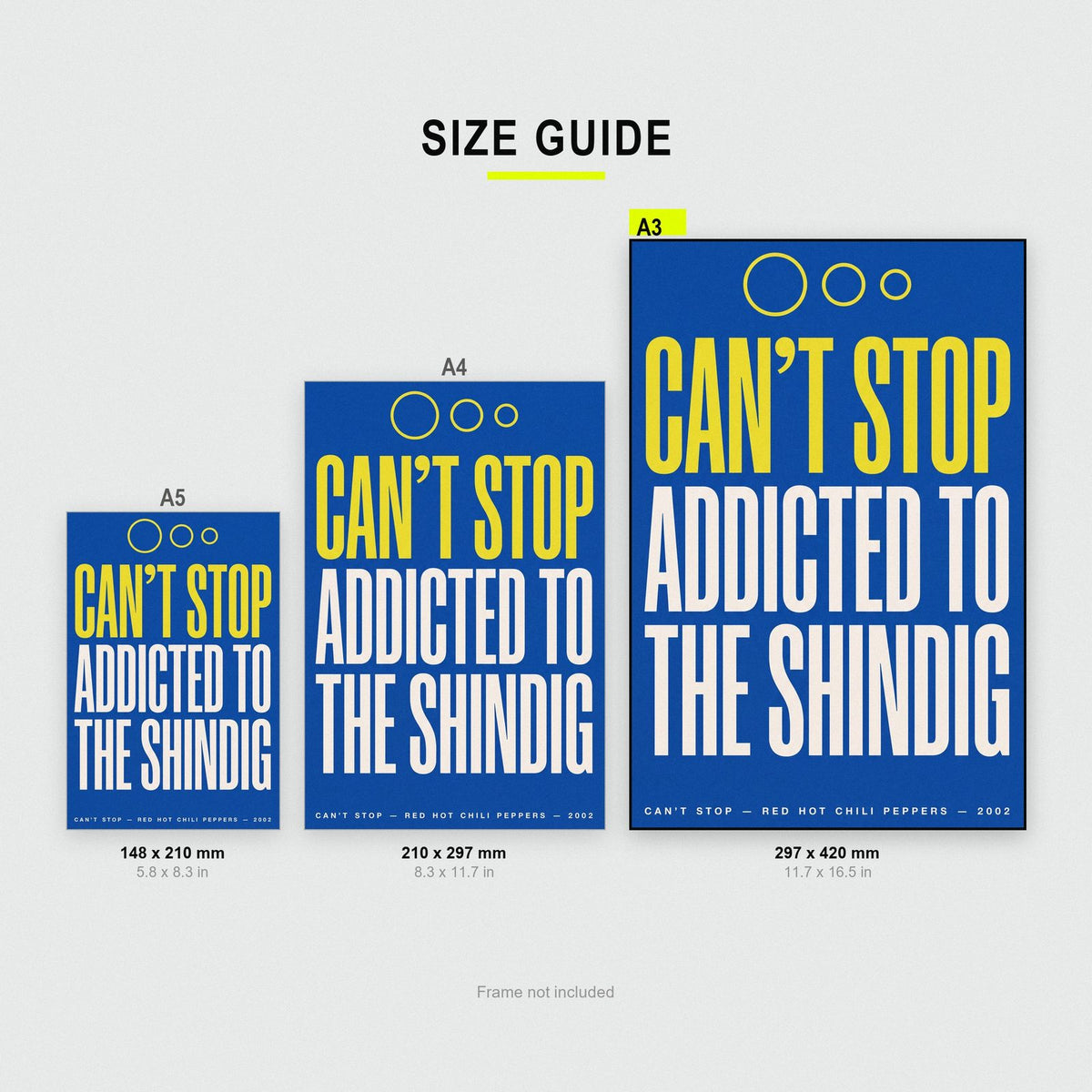 Cant Stop Lyrics Print size guide showing A3, A4 and A5