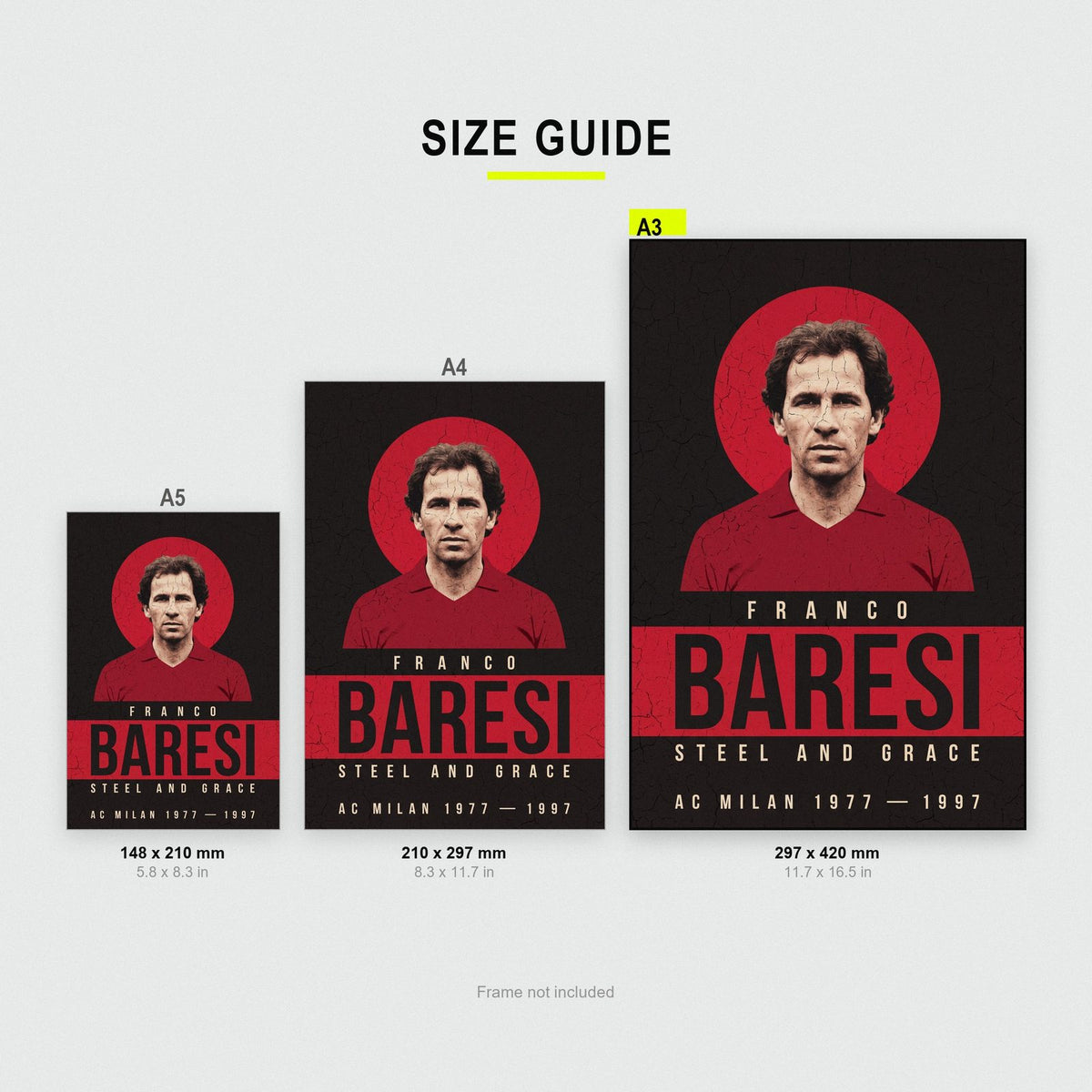 Franco Baresi Print size guide showing A3, A4 and A5