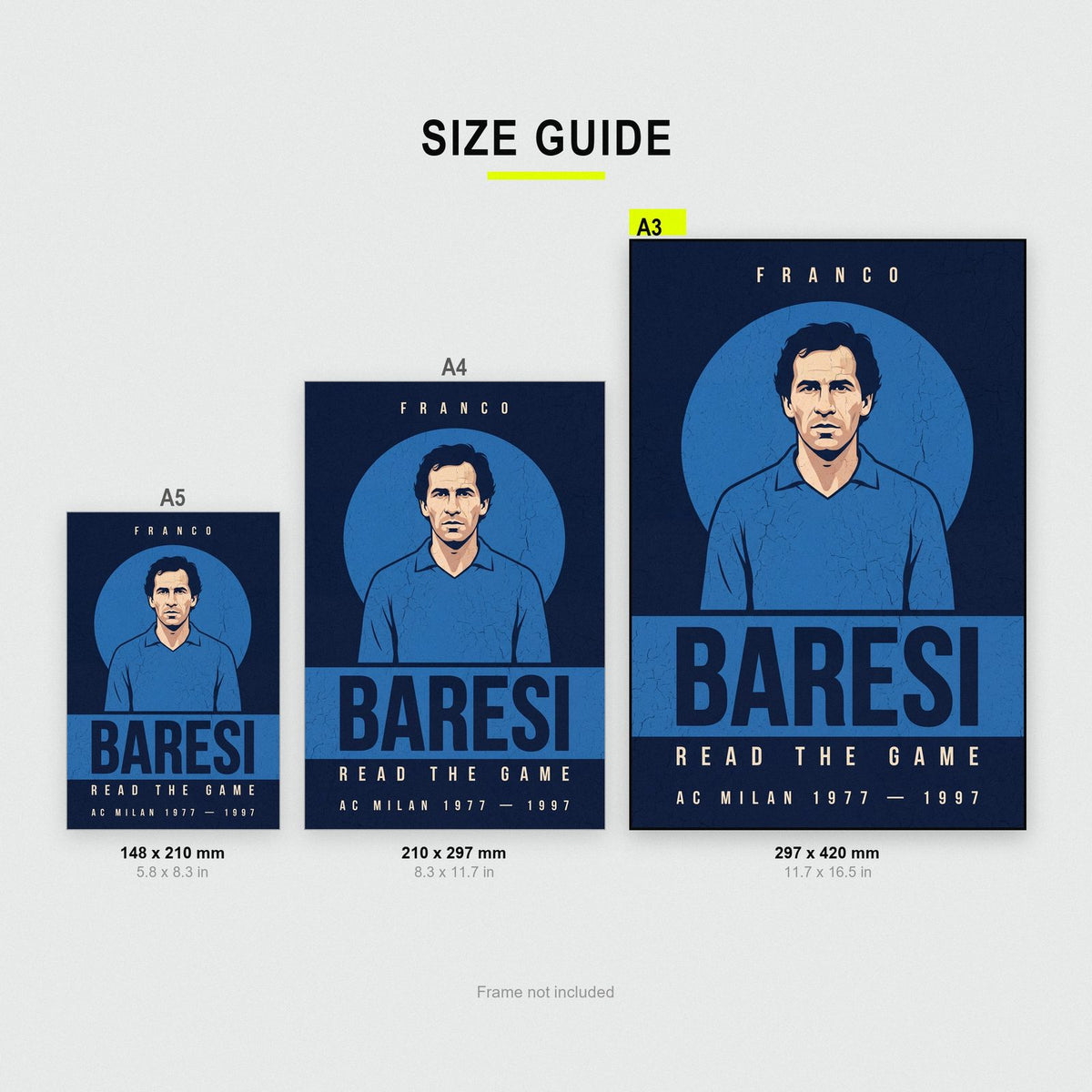 Franco Baresi Print size guide showing A3, A4 and A5