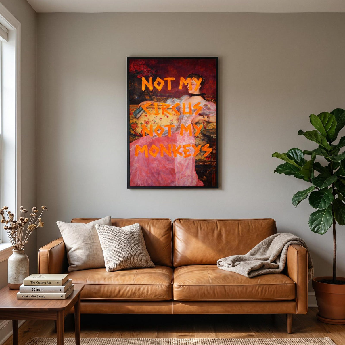Not My Circus Monkeys Print hanging on a living room wall