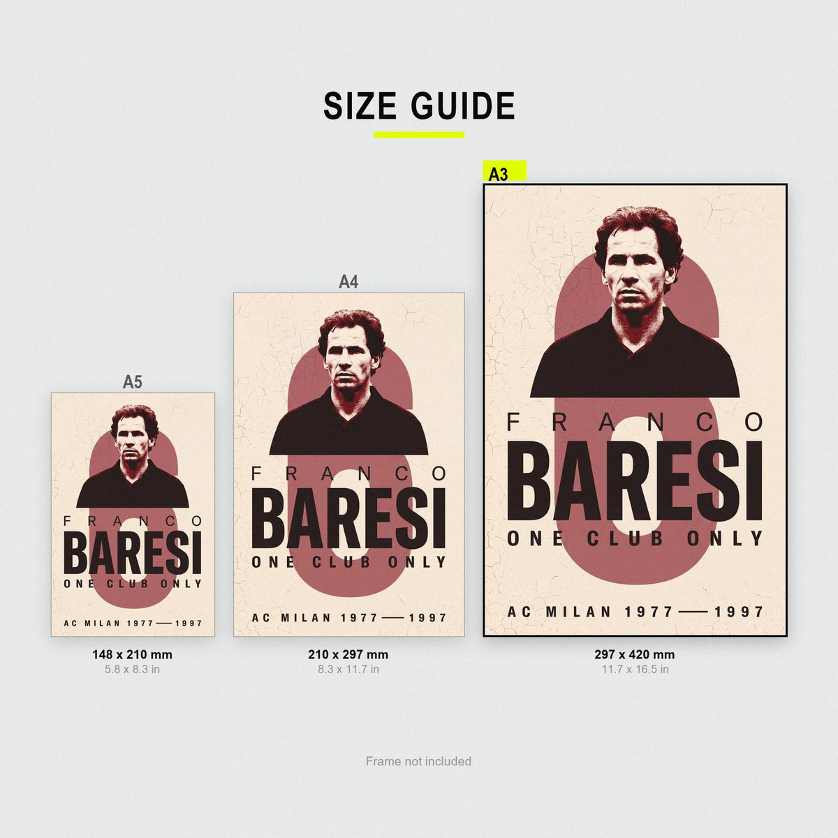 Franco Baresi Print size guide showing A3, A4 and A5