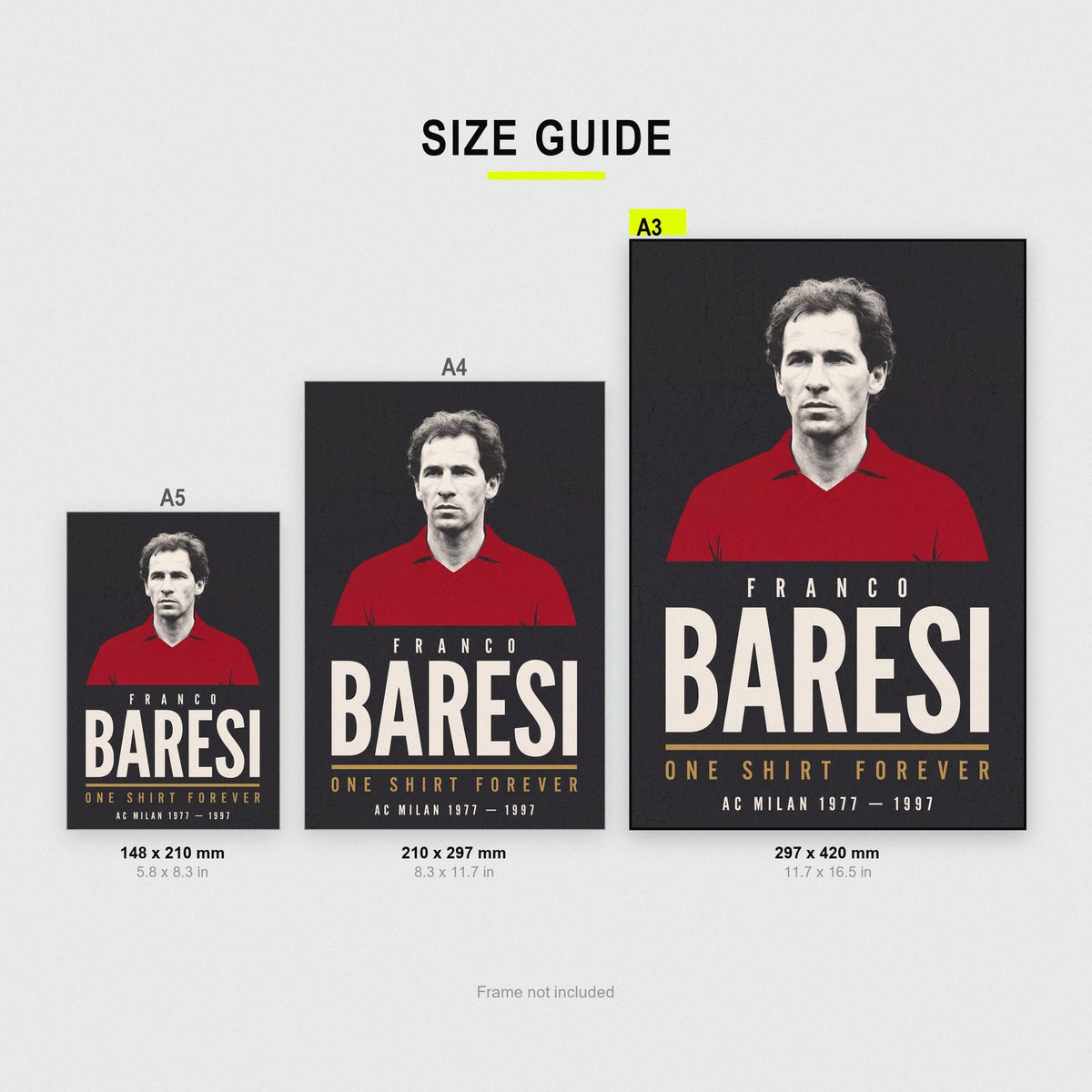 Franco Baresi Print size guide showing A3, A4 and A5