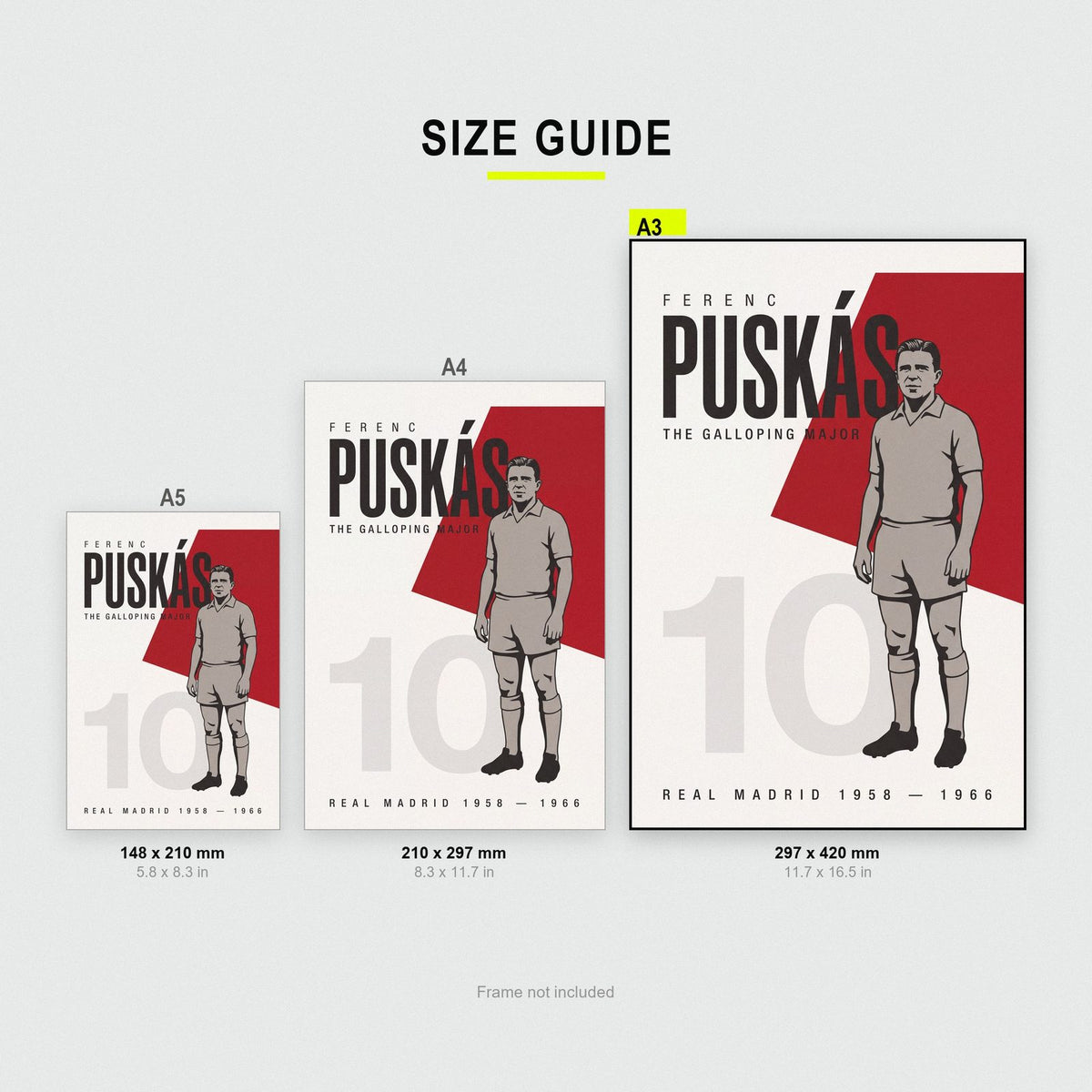 Ferenc Puskas Print size guide showing A3, A4 and A5